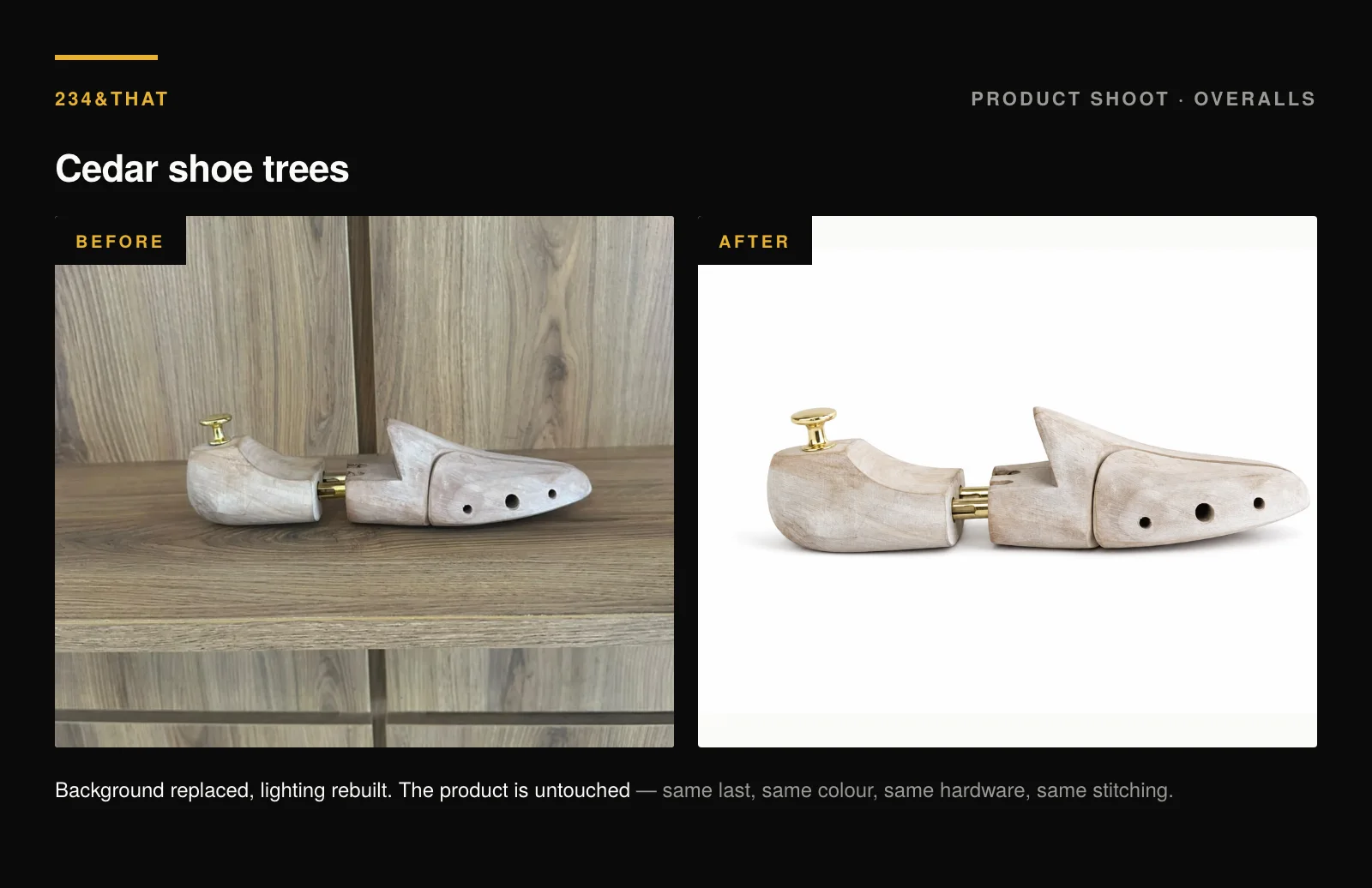 Overalls shoe tree: before and after on white seamless
