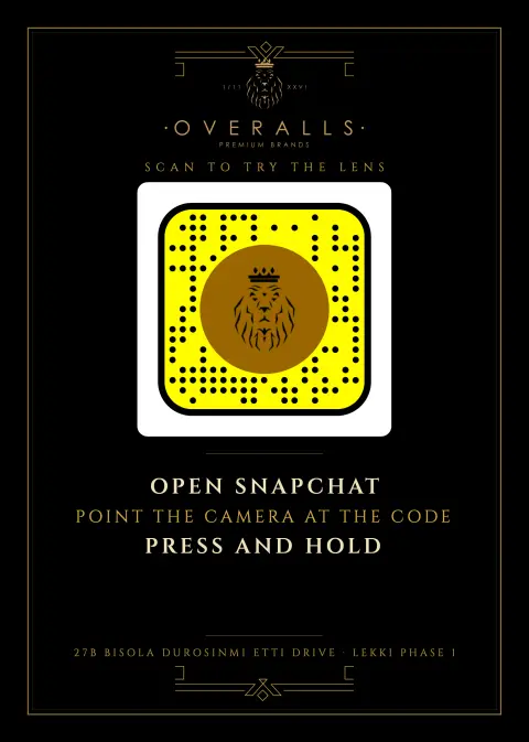 Printed scan card for the Overalls lens: a Snapcode with the instruction Open Snapchat, point the camera at the code, press and hold